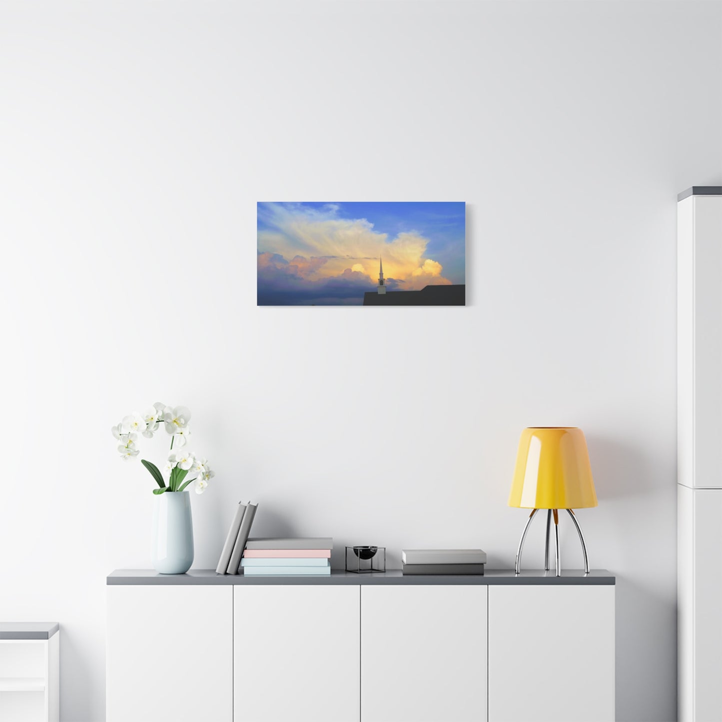 Serene Sunset Cloudy Sky Pastel Colors Church Landscape Canvas Print - Matte Stretched Artwork 30" x 15"