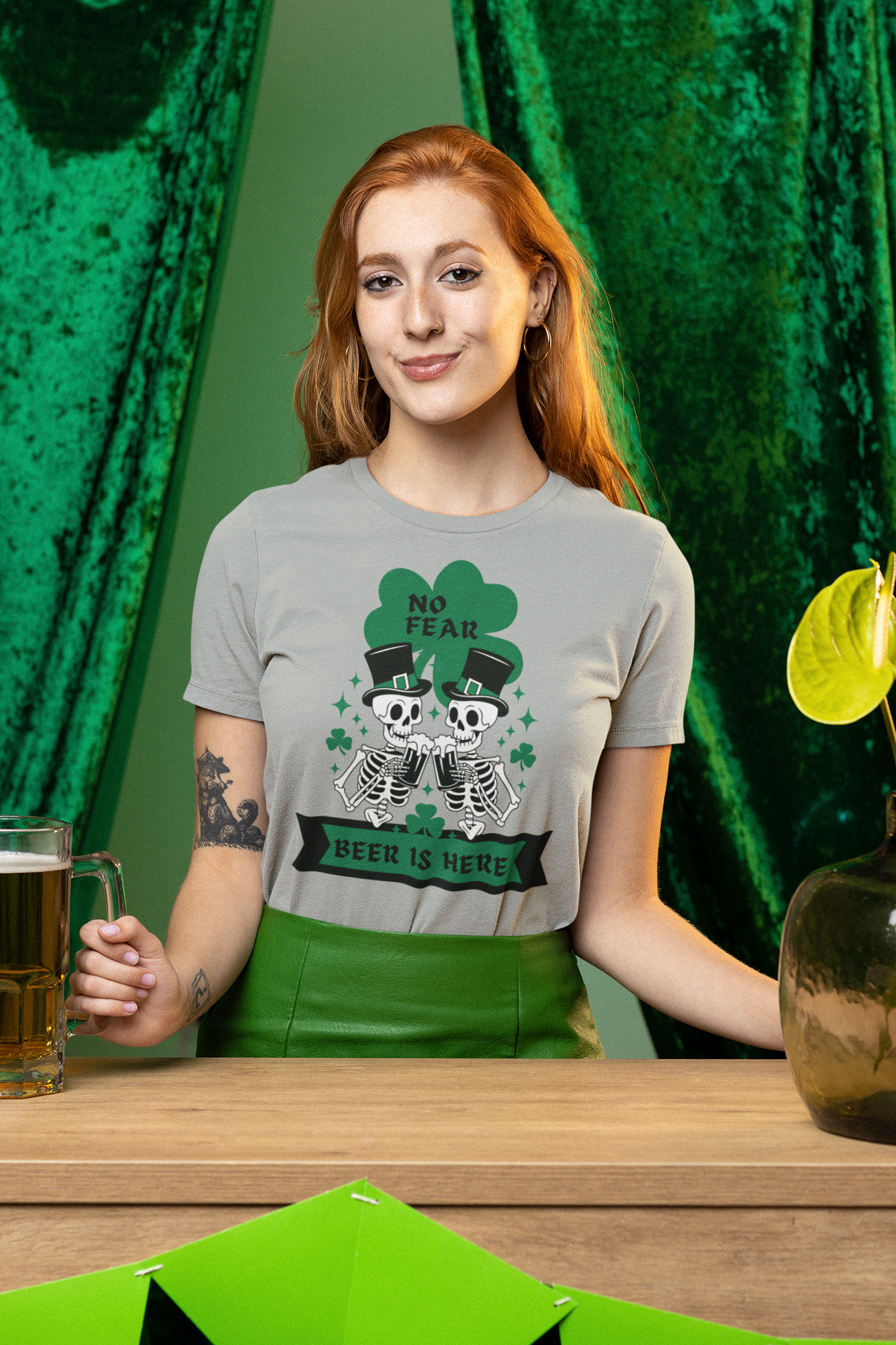 St. Patrick's Day "No Fear, Beer Is Here" Skeletons Tee - Bella Canva Unisex Jersey Short Sleeve Shirt