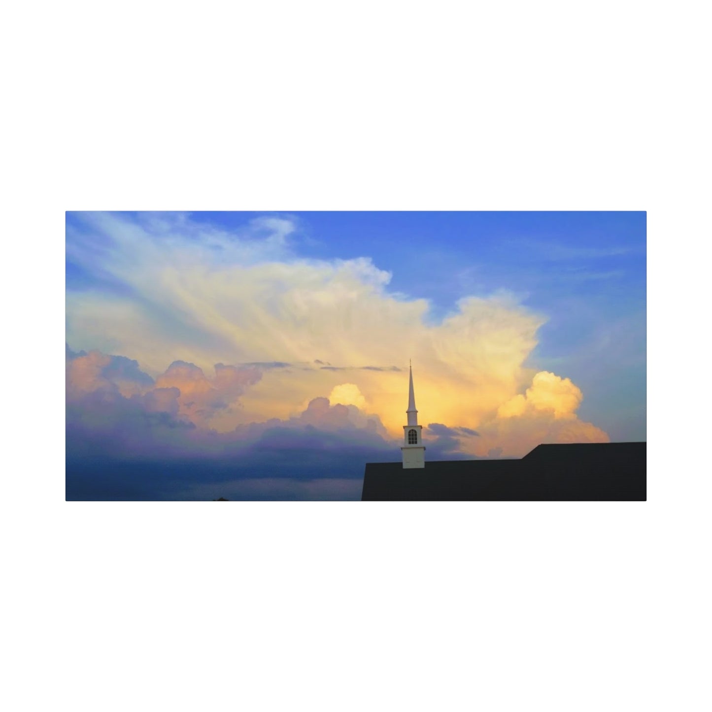 Serene Sunset Cloudy Sky Pastel Colors Church Landscape Canvas Print - Matte Stretched Artwork 30" x 15"