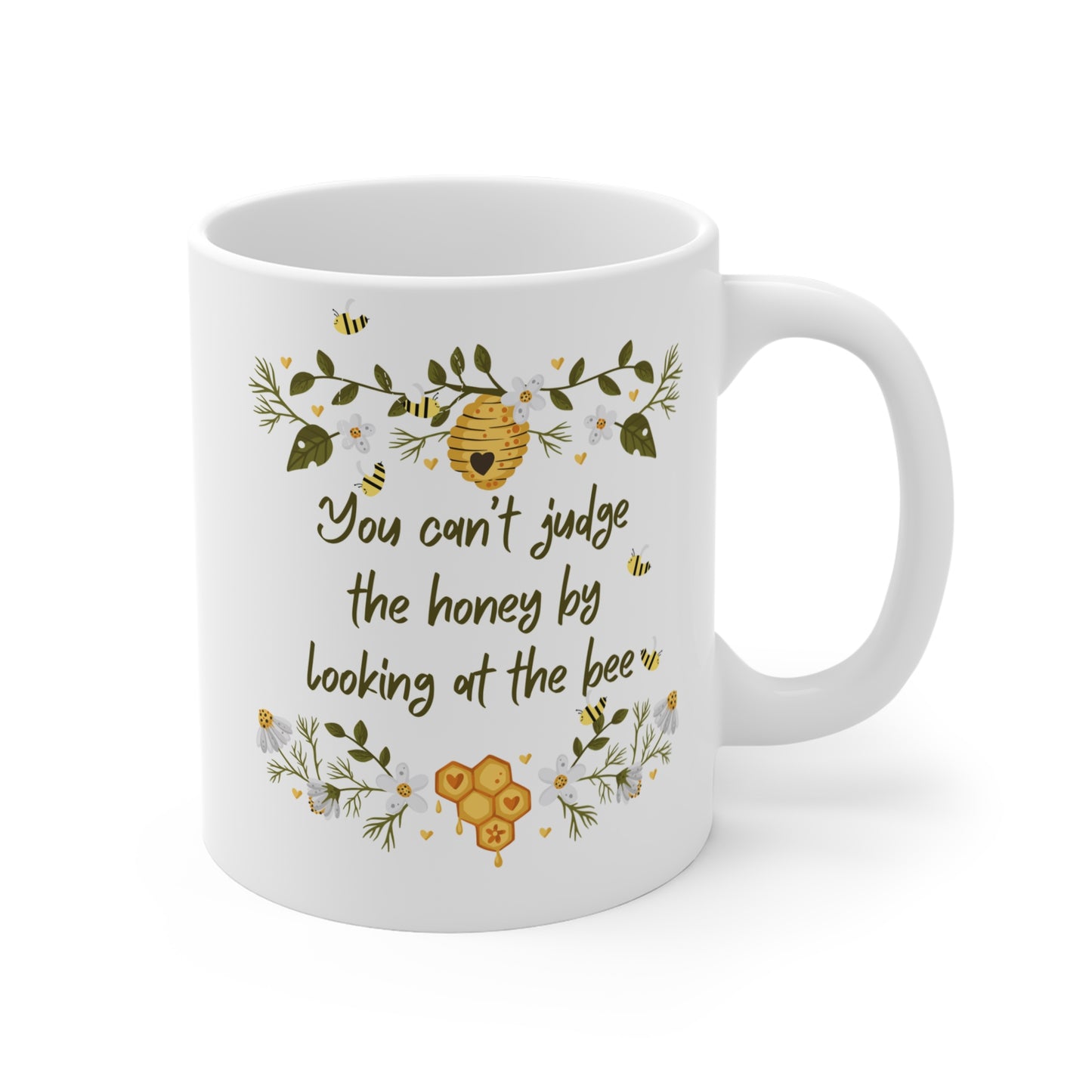 Inspirational Vintage Delicate Floral Mug - "You Can't Judge the Honey by Looking at the Bee" - 11oz Coffee Cup for Nature Lovers